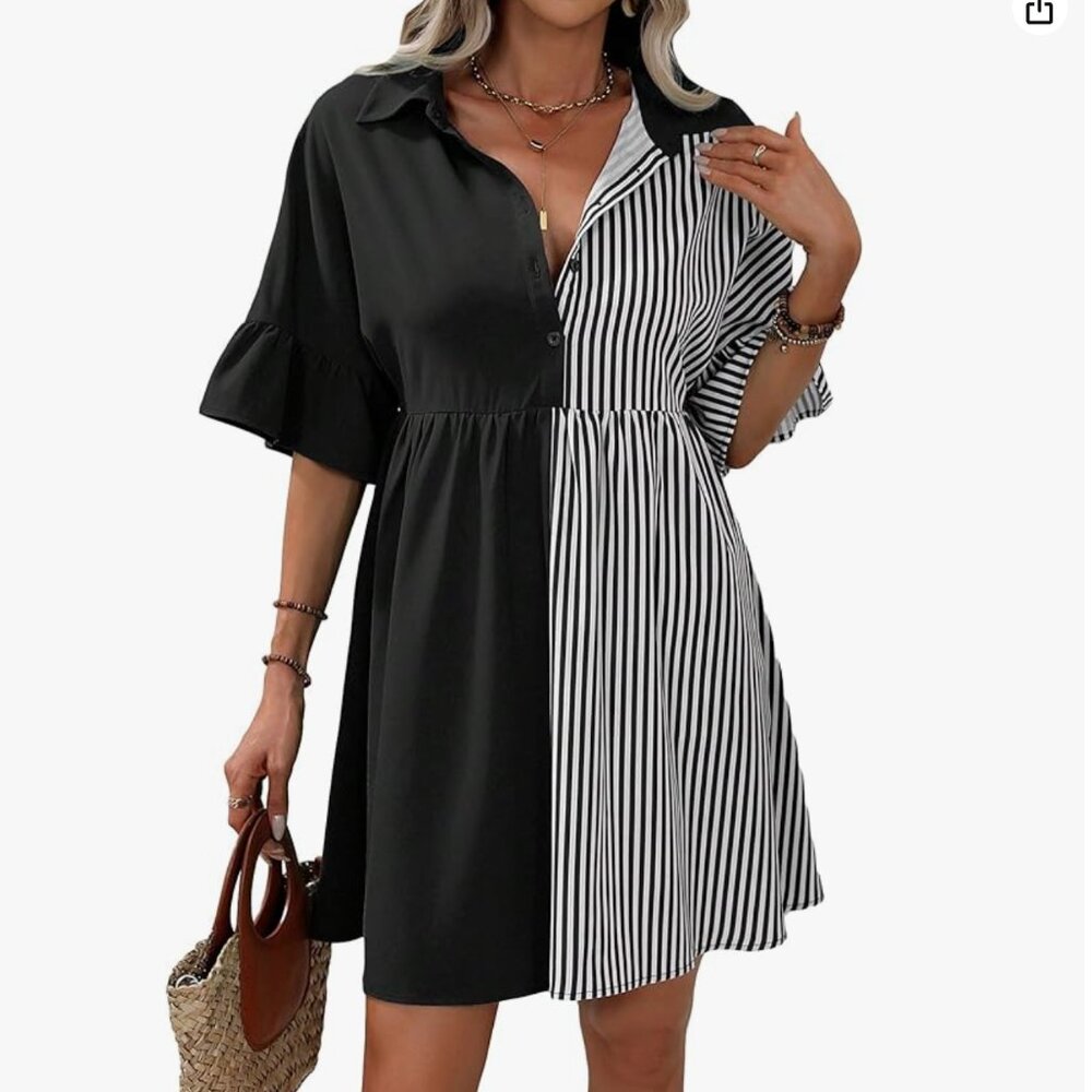 Women's Striped Shirt Dress Ruffle Half Sleeve Black and White Short Dress S